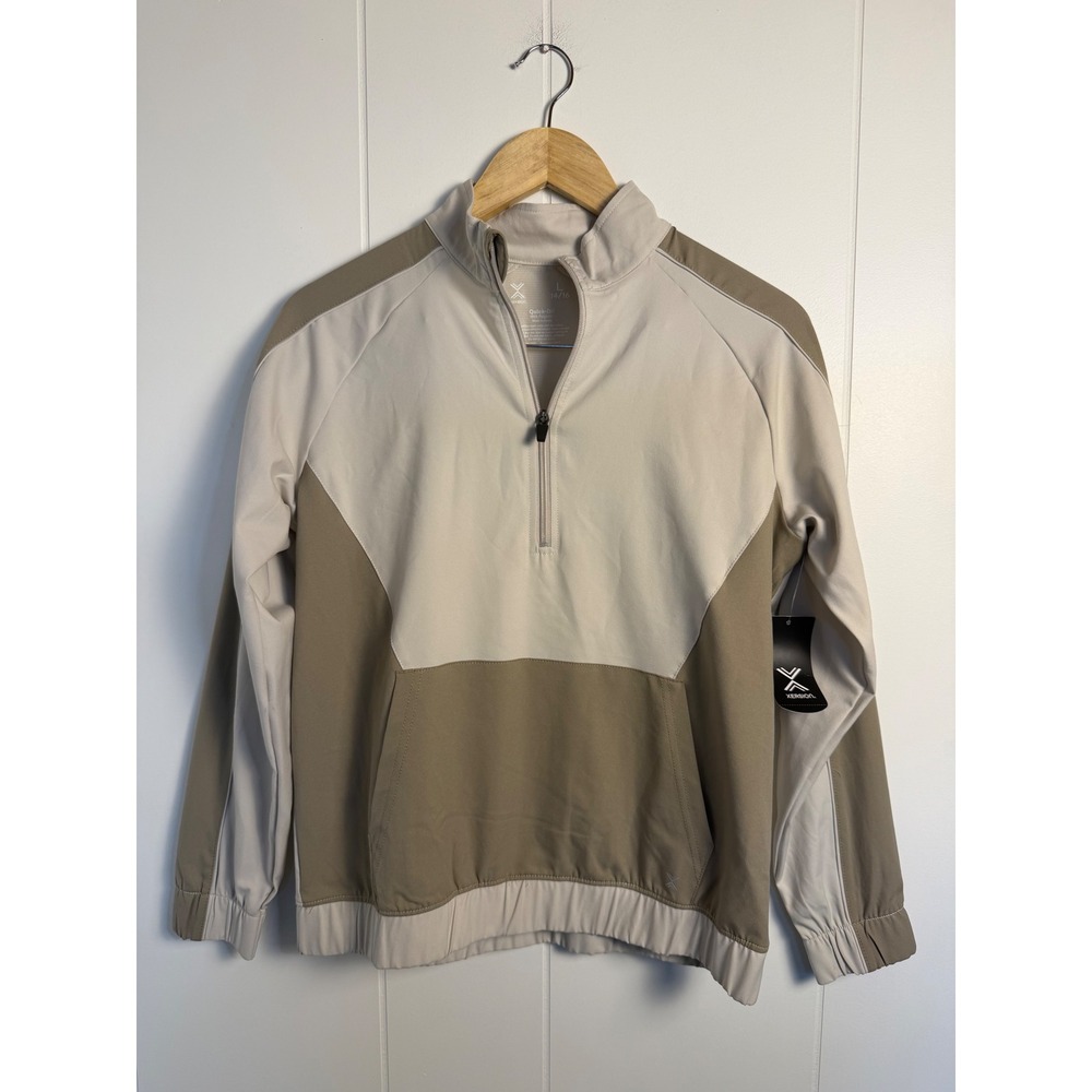 Xersion Woven Quarter Zip Jacket L 14/16 Beige Khaki Quick-Dri Colorblock Pocket